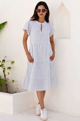 Lois Stripe Organic Cotton Cheesecloth Dress | White/Blue