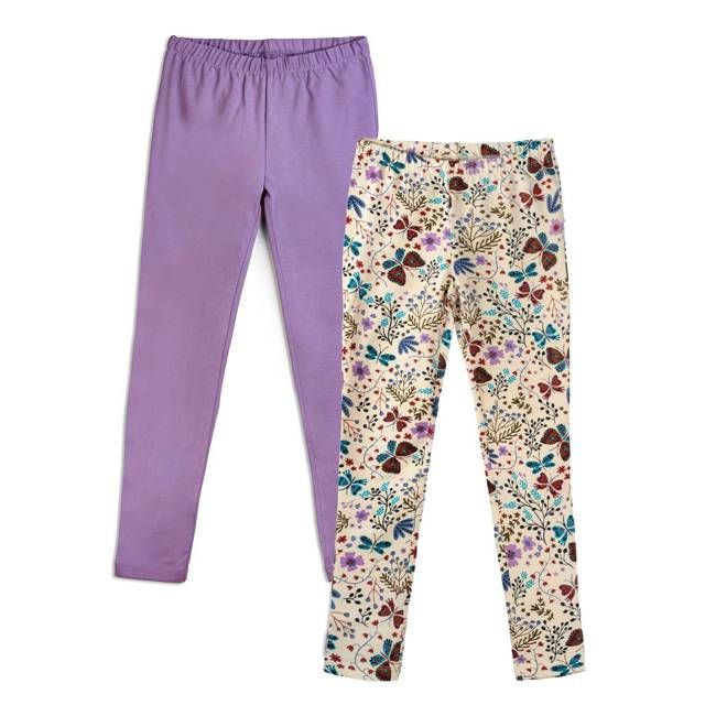 Girls Organic Cotton Reinforced Knee Leggings 2-Pack: Botanical Floral and Lilac