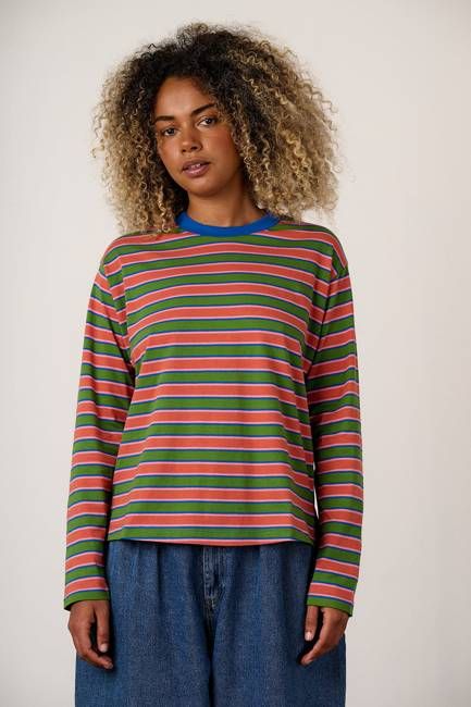 Mysen - Long Sleeve Cotton T-Shirt in Green Stripe