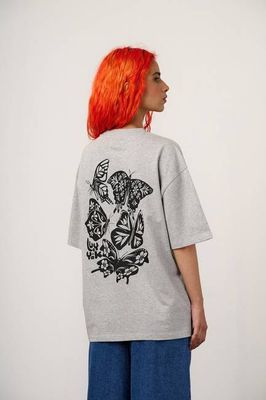 Benny - Oversized Cotton T-Shirt in Grey Marl with Butterfly Print