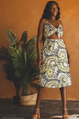 Unkha Bow Front Cut Out Dress in Yellow Sunflower