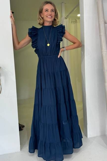 Rose Frill Maxi Dress | Navy