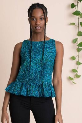 Ester Tie Up Peplum Top in Blue Foliage