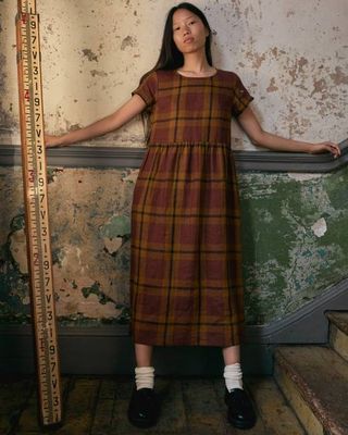 No.17 Full Length Linen Tea Dress in Tobacco Plaid
