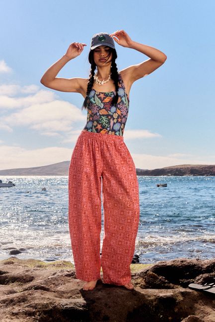 Freddie - Barrel Leg Cotton Trousers in Pink & Red Lunar Checkerboard