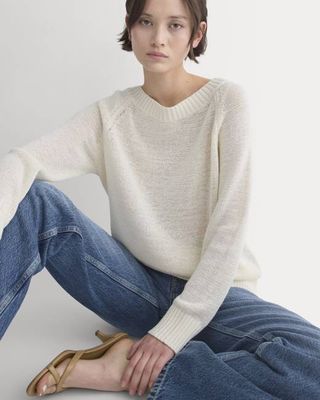 Wide-Neck Crew Sweater in Tape Yarn | Bone