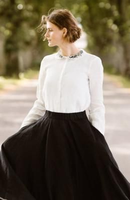 Classic Shirt with Embroidered Collar, Long Sleeve, White Magnolia