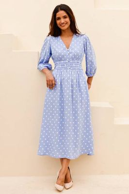 Jyoti Bedrucktes Kleid aus Viskose | Polka Dot Kornblume/Weiß