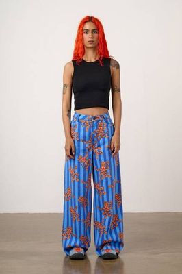Carter - High Waisted Cotton Trousers in Blue Tiger Stripe