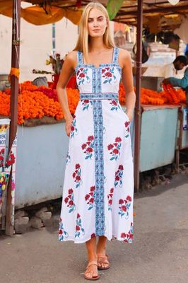 Margaritte Block Print Organic Cotton Dress | Teal/Red