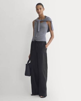 Wide-Leg Drawstring Pant in Linen | Black