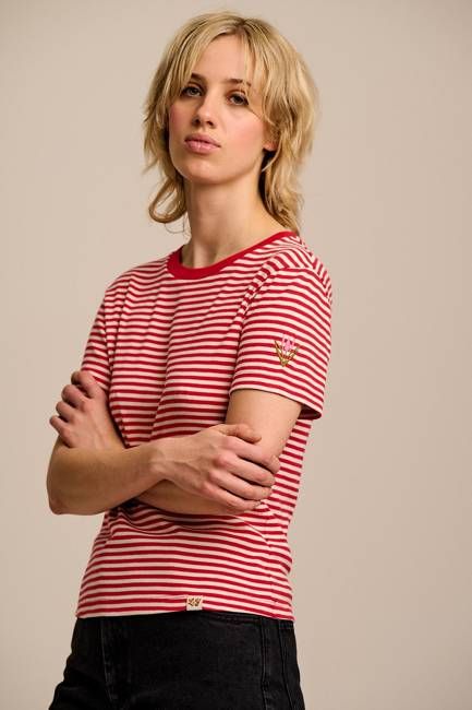 Maya - Cotton T-Shirt in Red & Ecru Stripe with Tulip Embroidery