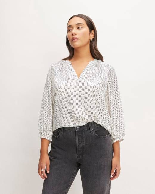The Washable Clean Silk V-Neck Top | Bone / Black Polka Dot