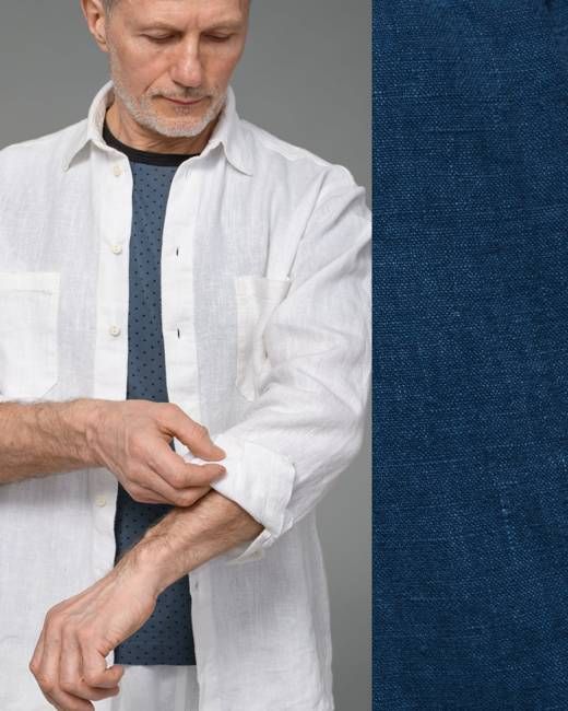 Men's Long Sleeve Heavyweight Linen Shirt in Denim Blue