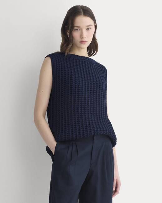 Open-Knit Tunic Vest in Elevated Cotton | Navy