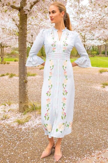 RHS Floral Printed Linen Dress | Pale Blue