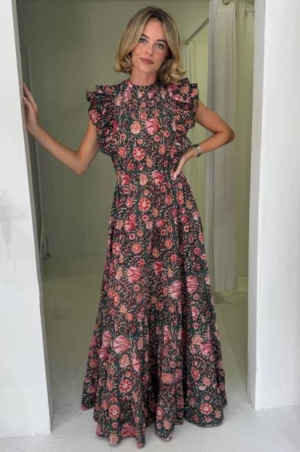 Rose Frill Maxi Dress | Khaki/Orange