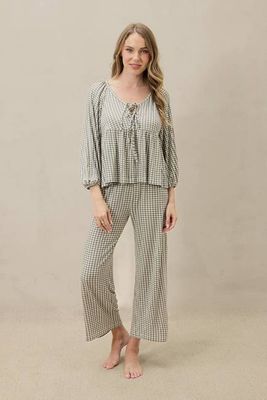 Green Gingham Tie-Top Long-Sleeve Women’s Sleep Set