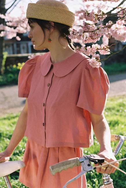 Frances Linen Cropped Blouse  - Berry