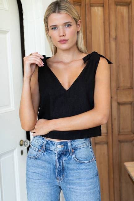 Tie Shoulder Mod Top - Jet Black Linen