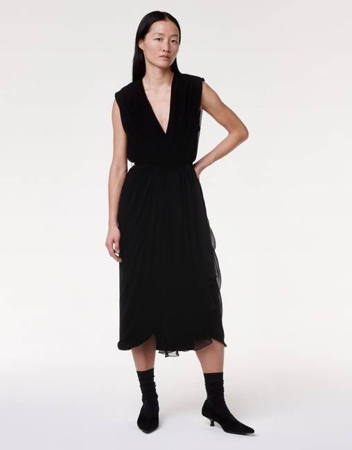 Silk Chiffon Gathered Dress | Black