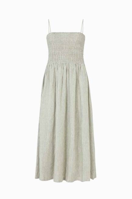 The Harlow Smocked Maxi Dress in striped olive green
