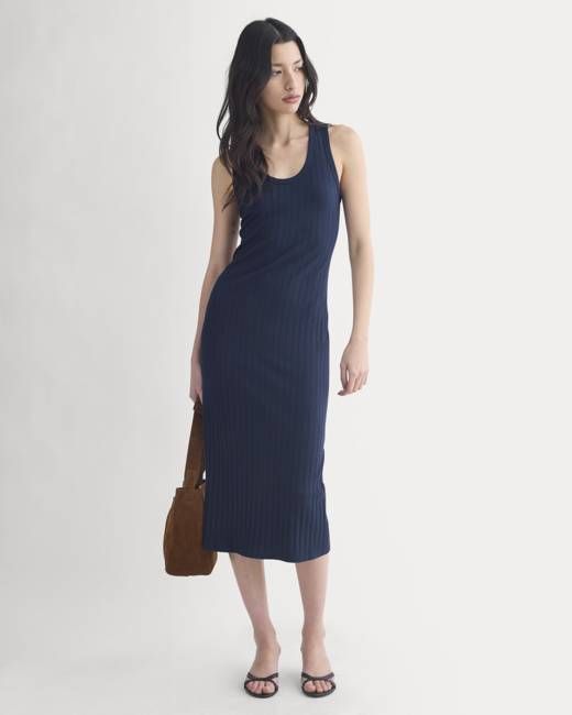 Scoop-Neck Midi Dress in Pointelle Knit | Deep Navy