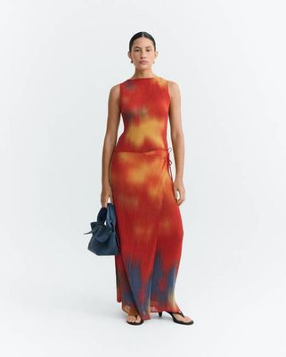 Red pleated long skirt flowers Pauline