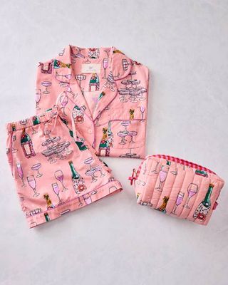 Champagne Tower - Short PJ Set & Quilted Pouch Bundle - Peach Fizz