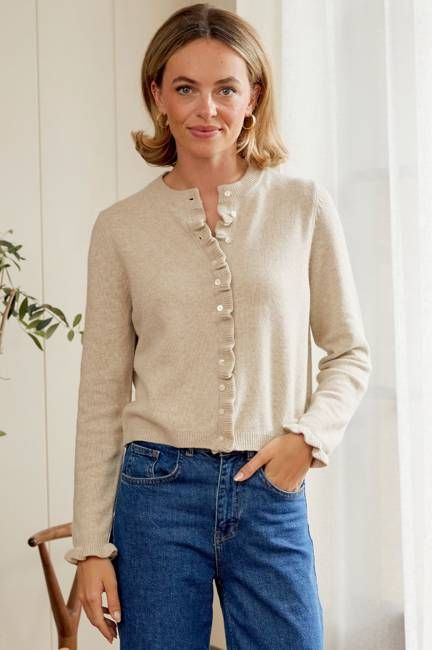 Merino Wool Frill Cardigan | Taupe