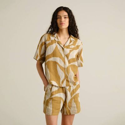 DEDICATED - Shirt Torup Linen Abstract Leaf Bronze Yellow