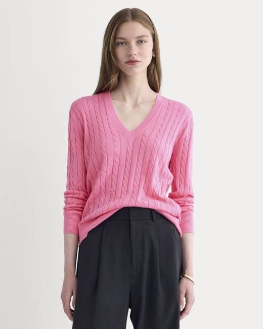 The Cable V-Neck in Cotton Cashmere | Deep Pink