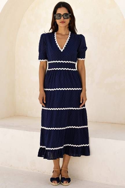 Viola Short Sleeve Organic Cotton Ric Rac Dress | Navy/Ivory
