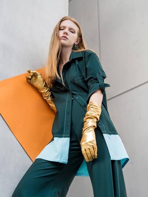 Raw Edge Oversized Shirt, Viscose, in Green & Light Blue