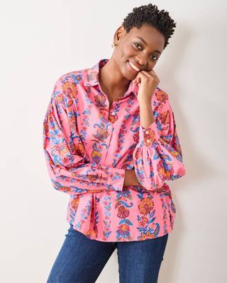 Folklore Flowers - Shelby Button Down - Bright Rose