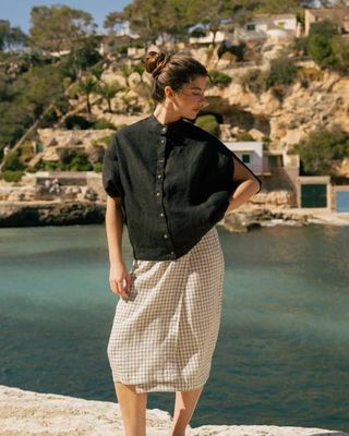 July - Linen Skirt in Beige checks