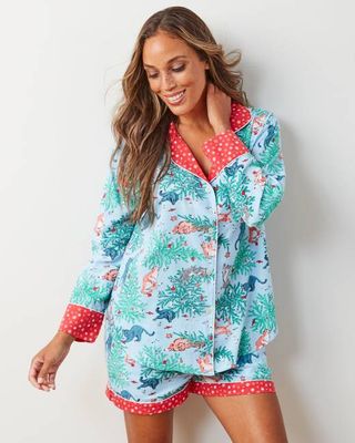 Frisky Firs - Lightweight Flannel Long Sleeve Top & Shorts Set - Twinkling Blue