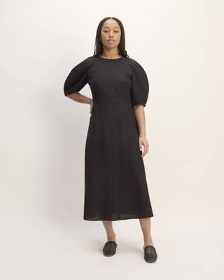 The Linen Short-Sleeve Scoop Midi Dress | Black