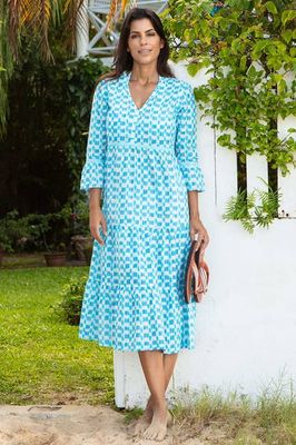 Hayden Organic Cotton Block Print Dress | Ikat white/turquoise