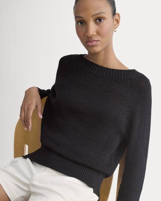 Wide-Neck Crew Sweater in Tape Yarn | Black