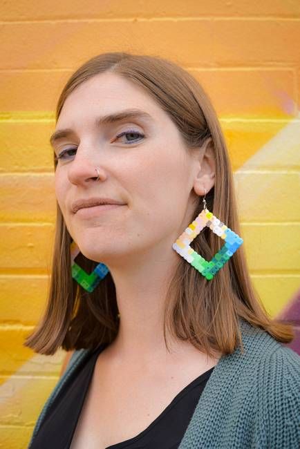 Colorful Diamond Hoop Earrings - Upcycled Perler Beads by Constance Wilde