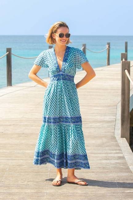 Pippa Short Sleeve Organic Cotton Block Print Dress | Buti Turquoise/Blue