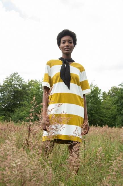 Sasha-Sue Organic Cotton Dress in Olive and White Bold Stripe