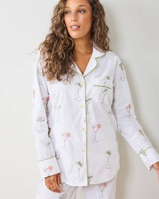 Martini Hour - Embroidered Long PJ Set - Cloud