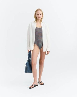 Orange and blue seersucker swimsuit Amalfi