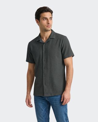 Black Waffle Knit Camp Shirt for Men