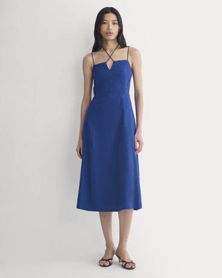 Tie-Neck Dress in Stretch Linen | Estate Blue