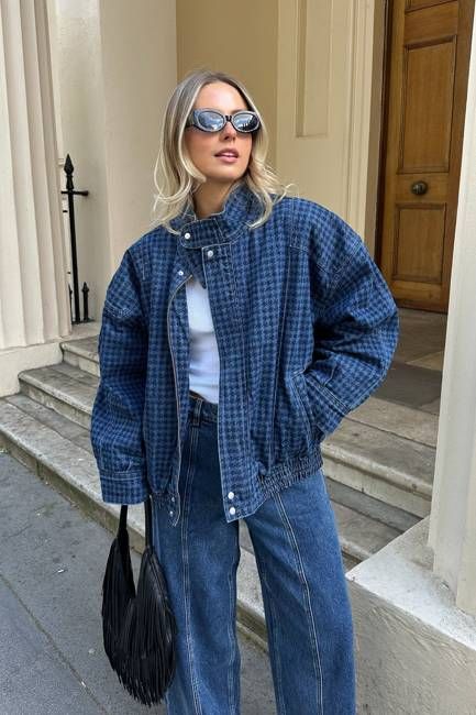 Juno Oversized Bomber Jacket in Houndstooth Americana