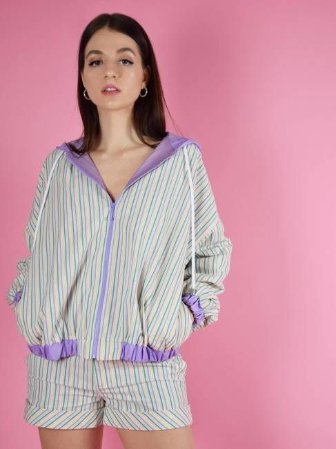 Bonfire Bomber Light Spring Jacket, Upcycled Cotton, in Colourful Stripe