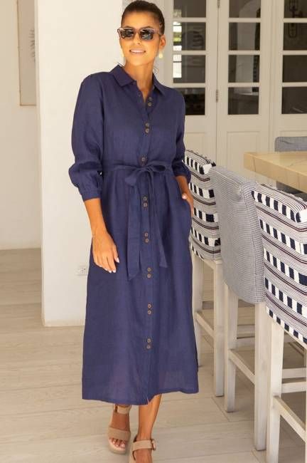 Linen Shirt Dress | Navy